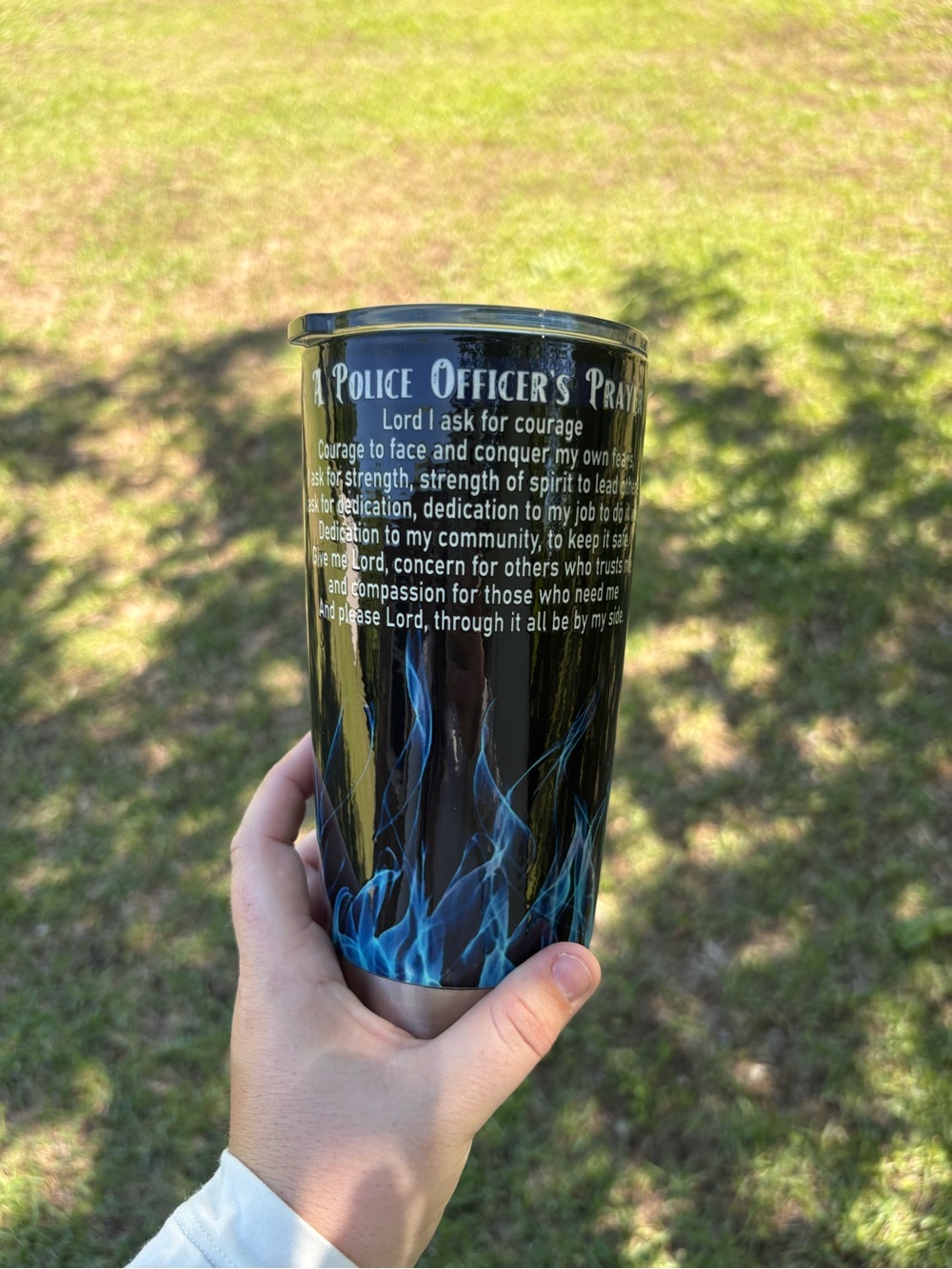 Police Officer's Prayer Tumbler with Blue Flame Design